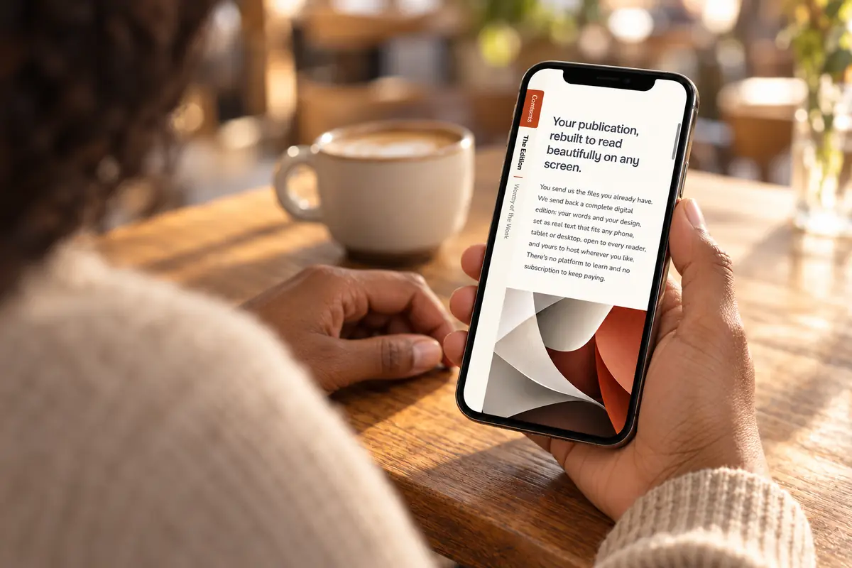 The same pages as an Ariadne Edition on a phone: a clear headline and readable text that fills the screen, with a contents tab at the side.