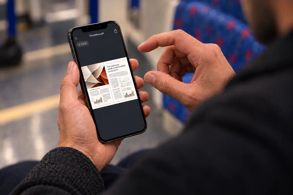 A hand holding a phone showing a print PDF: a tiny two-page spread with unreadable text, surrounded by empty dark space.