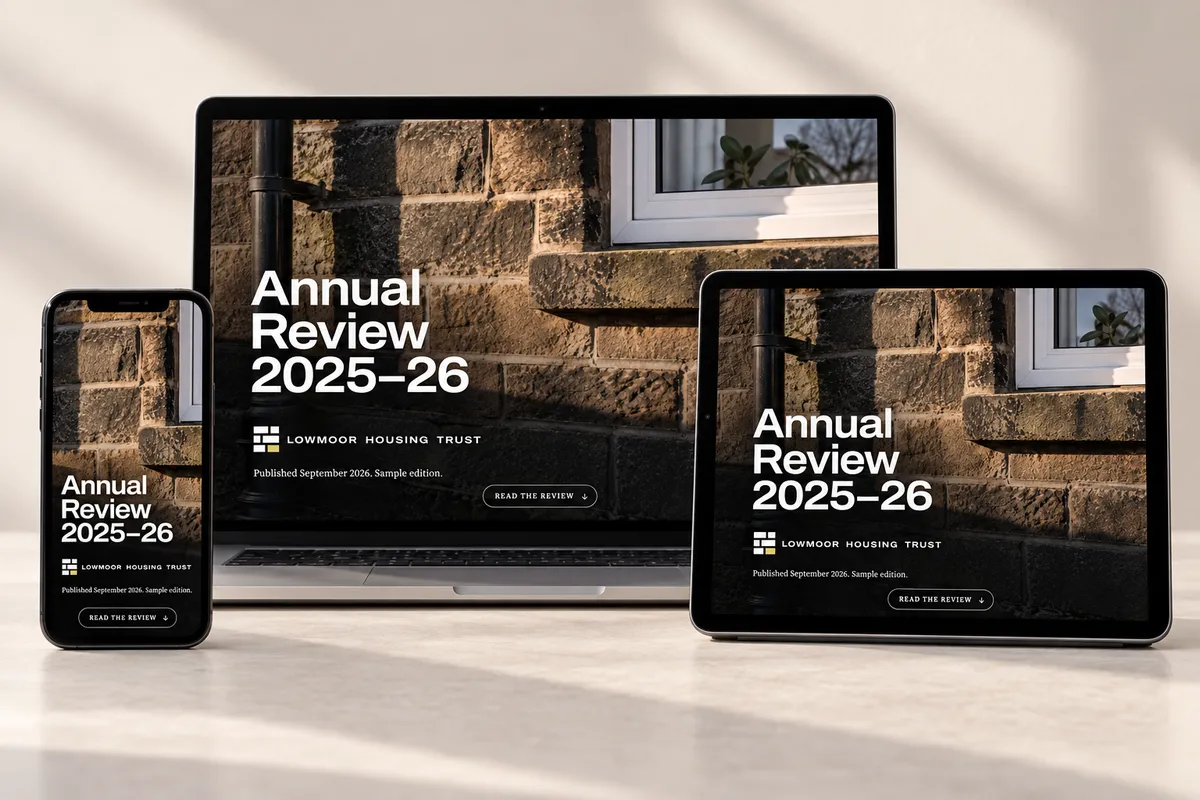 An annual review as an Edition on a phone, a laptop and a tablet.